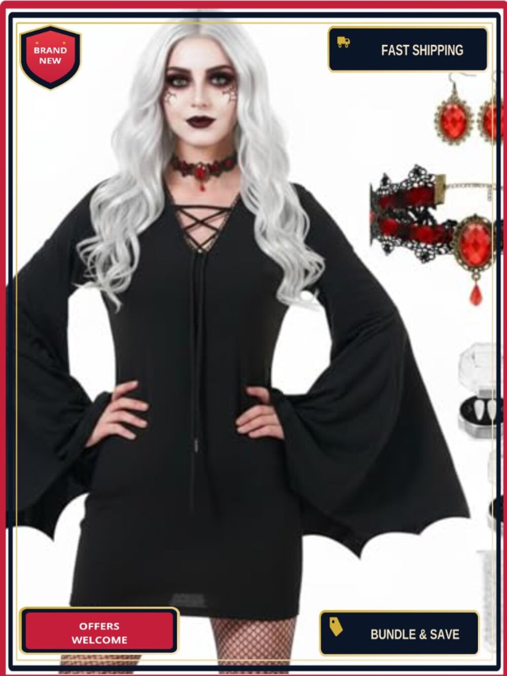 Vampire Costume Dress Set with Fangs Choker Earrings Halloween Cosplay